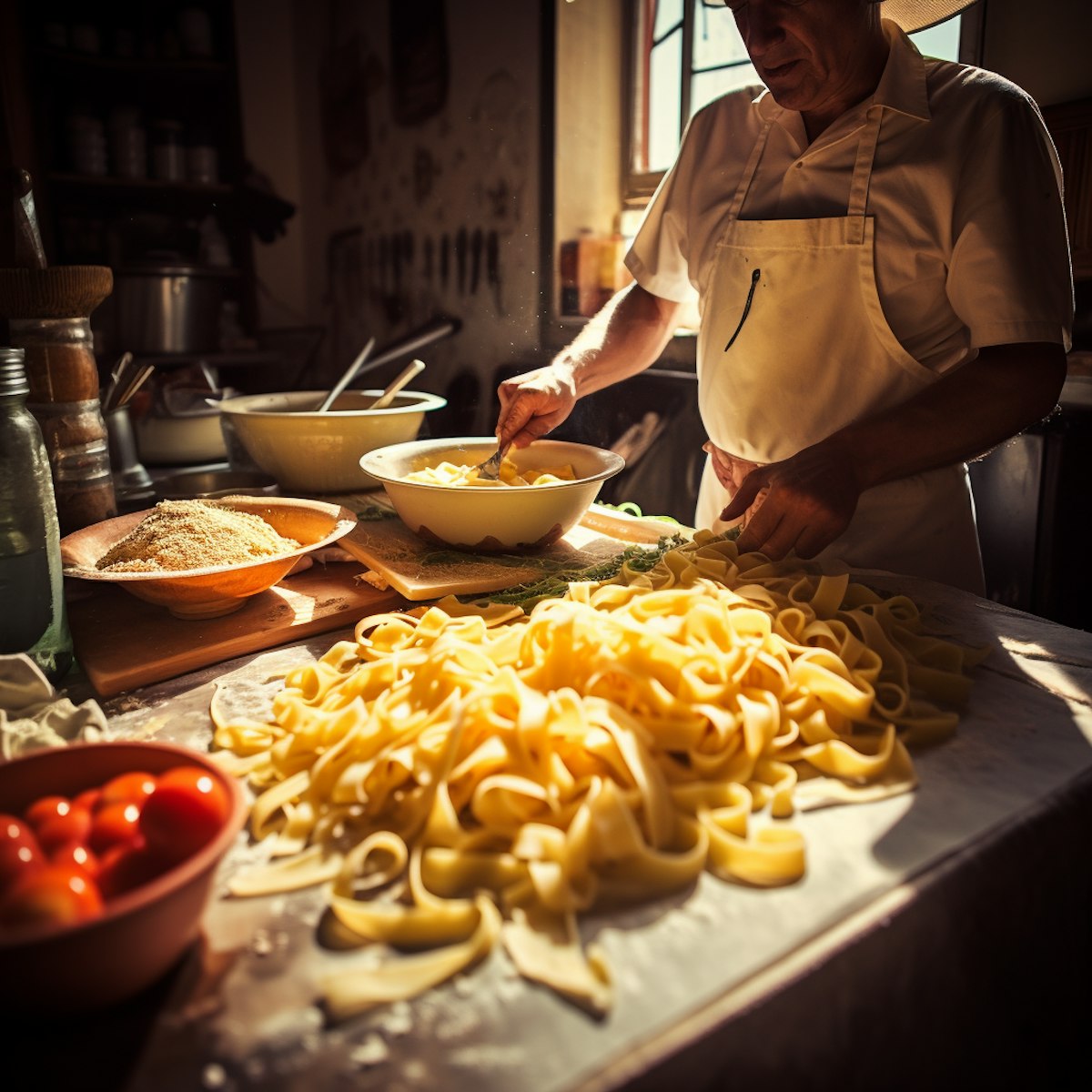 n artisan chef in a white apron preparing fresh handmade pasta on a rustic kitchen counter, surrounded by bowls of flour, cheese, and fresh tomatoes.