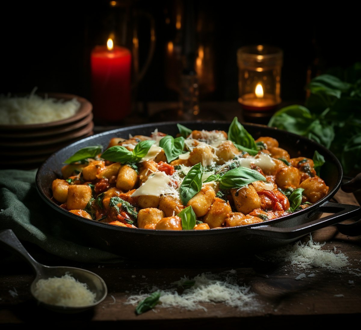 A skillet of golden-brown gnocchi tossed in tomato sauce, topped with melted cheese, fresh basil leaves, and grated parmesan, surrounded by candlelight and fresh herbs.