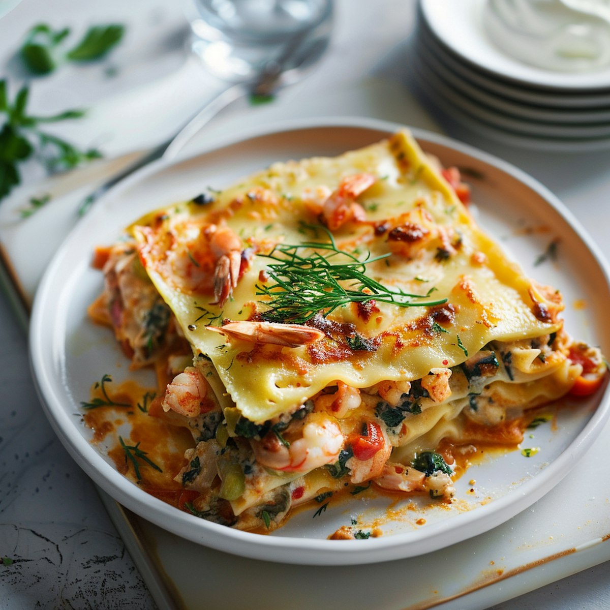A serving of seafood lasagna layered with pasta sheets, shrimp, herbs, and creamy sauce, garnished with fresh dill on a white plate.