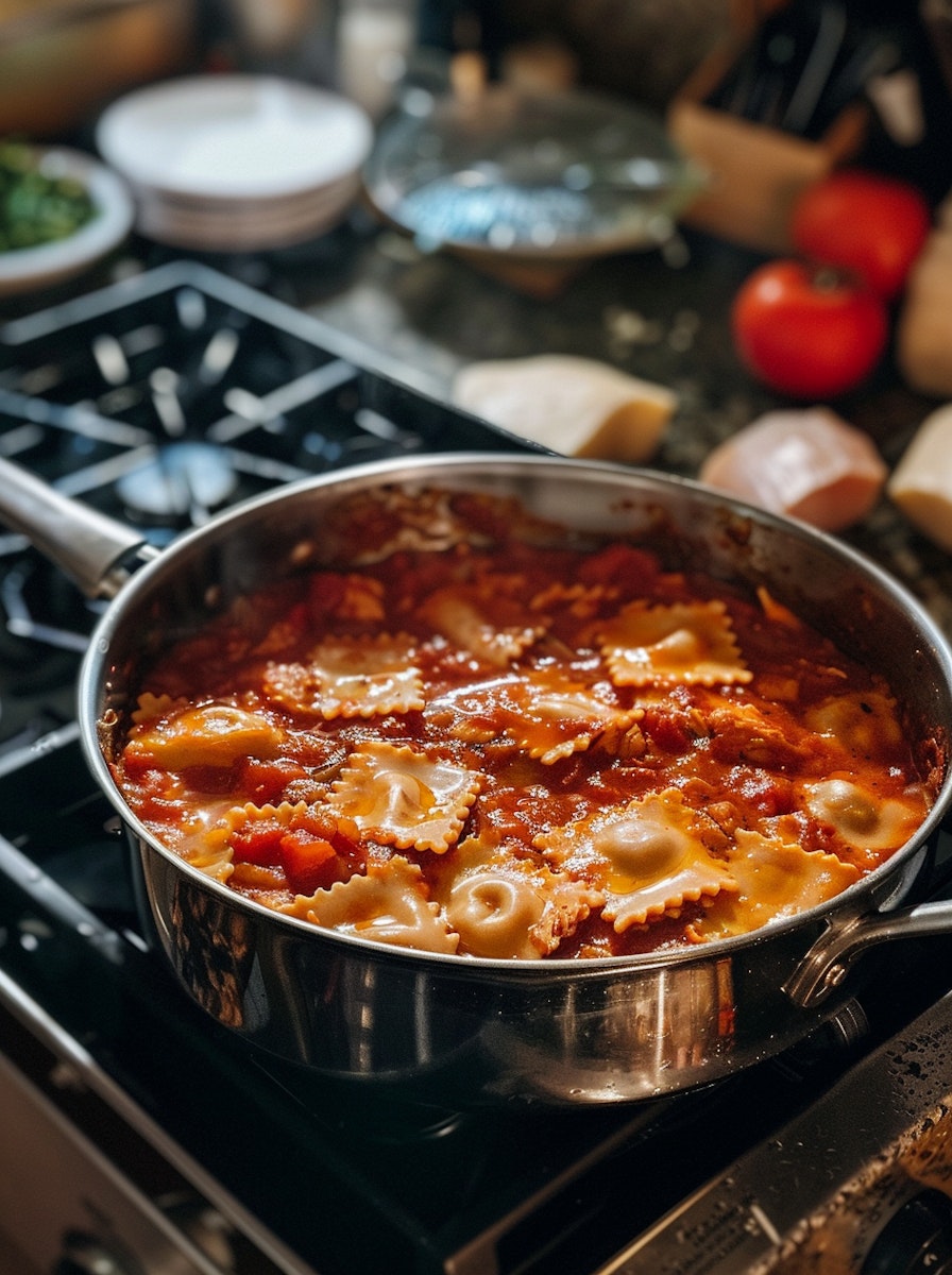 A stainless steel pan on a stovetop filled with ravioli simmering in a rich tomato sauce, with fresh tomatoes and blocks of cheese visible on the kitchen counter in the background.