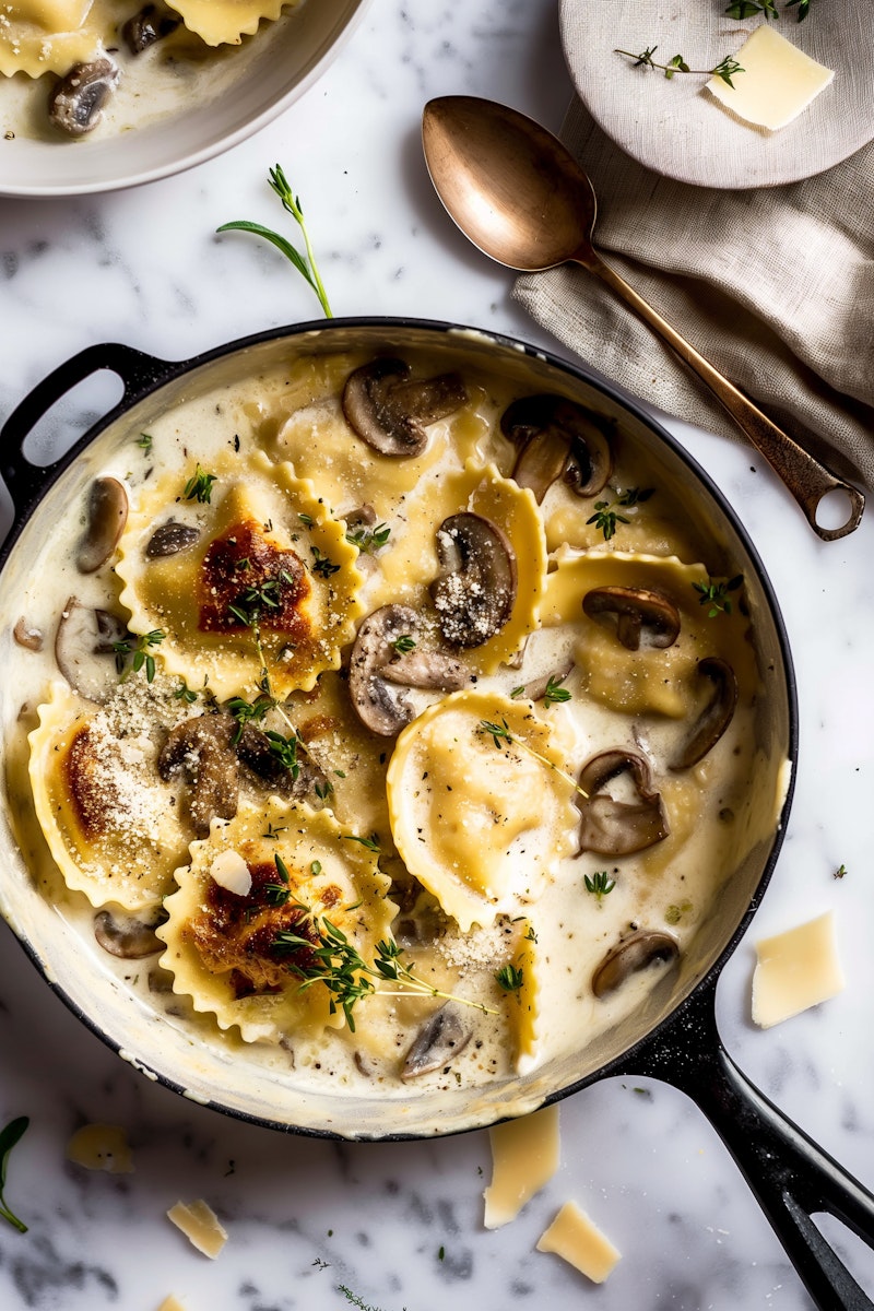 A skillet filled with creamy mushroom tortellini garnished with fresh thyme and grated parmesan, with a serving spoon and parmesan shavings on a marble countertop.